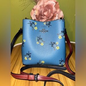 Coach mini town bucket Blue Floral Crossbody Bag with Red Strap